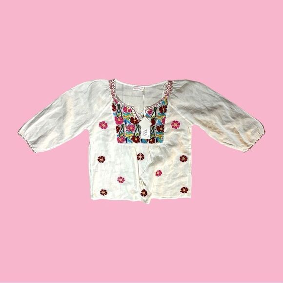 LA CERA | NWT Women's 3/4 Sleeve Embroidered Peasant top White Size S Retail $98 - Picture 1 of 9